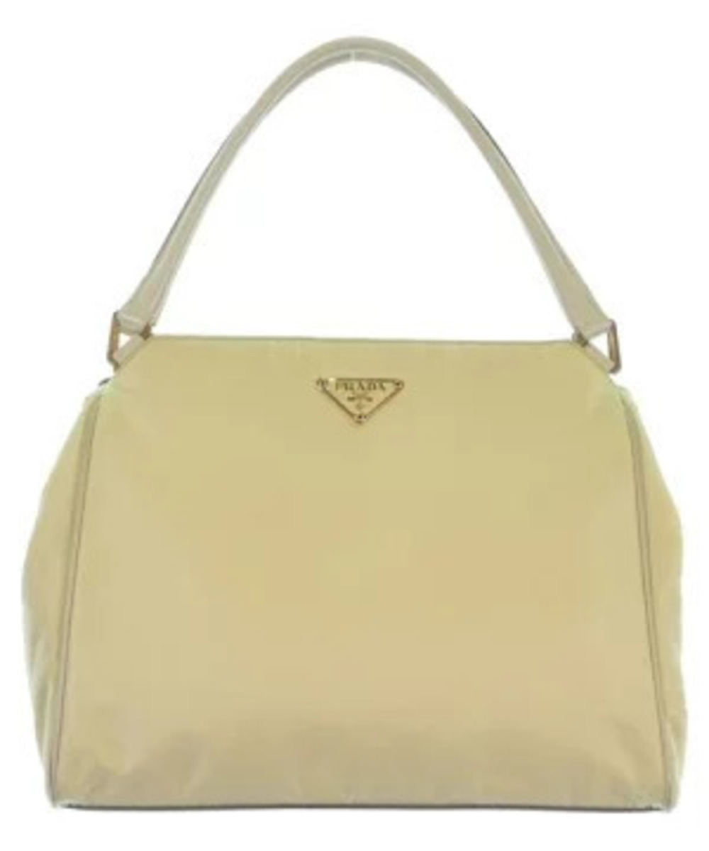Prada top handle handbag beige triangular logo Cream